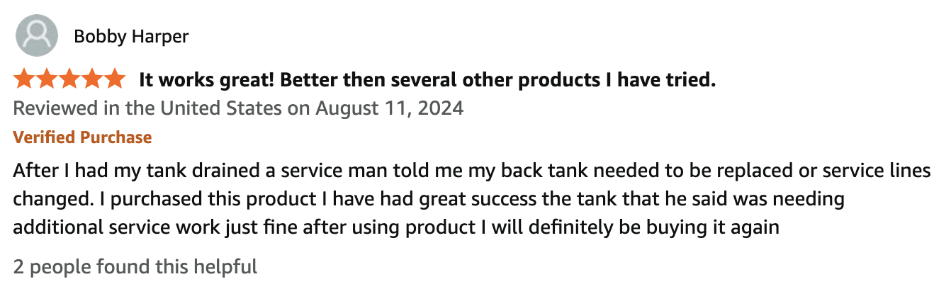 Verified Amazon review of Septifix septic tank treatment - Bobby Harper, 5 stars